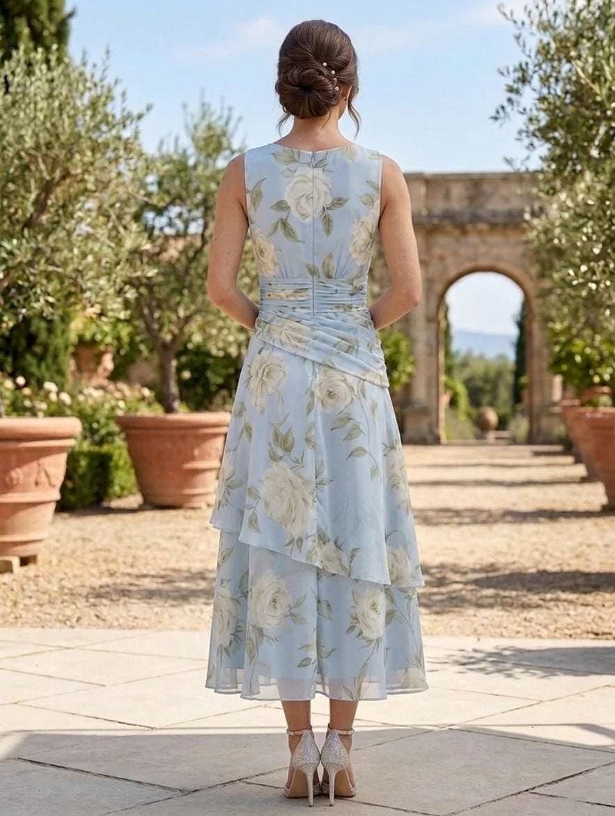 A-Line/Princess Scoop Mother of the Bride Dresses with Jacket Chiffon Floral Tea-Length 3/4 Sleeves Ruffles