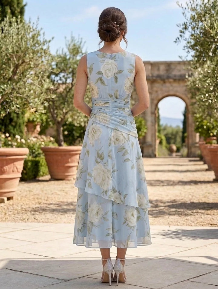 A-Line/Princess Scoop Mother of the Bride Dresses with Jacket Chiffon Floral Tea-Length 3/4 Sleeves Ruffles