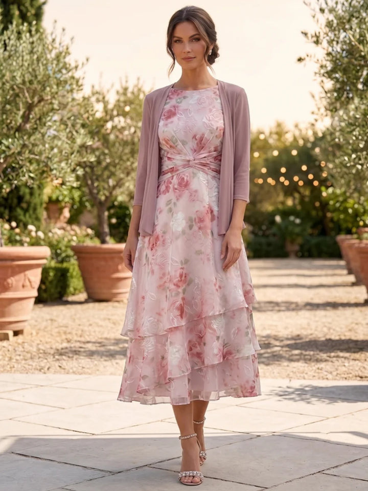 A-Line/Princess Chiffon Scoop Floral Mother of the Bride Dresses with Jacket Ruched Tea-Length 3/4 Sleeves Ruffles