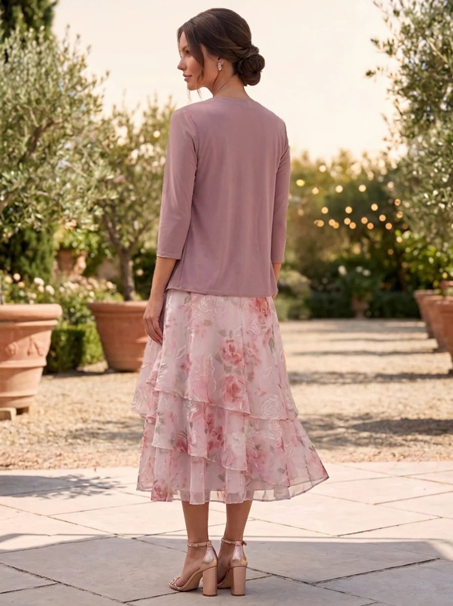 A-Line/Princess Chiffon Scoop Floral Mother of the Bride Dresses with Jacket Ruched Tea-Length 3/4 Sleeves Ruffles