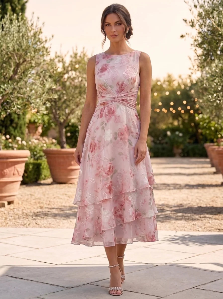 A-Line/Princess Chiffon Scoop Floral Mother of the Bride Dresses with Jacket Ruched Tea-Length 3/4 Sleeves Ruffles