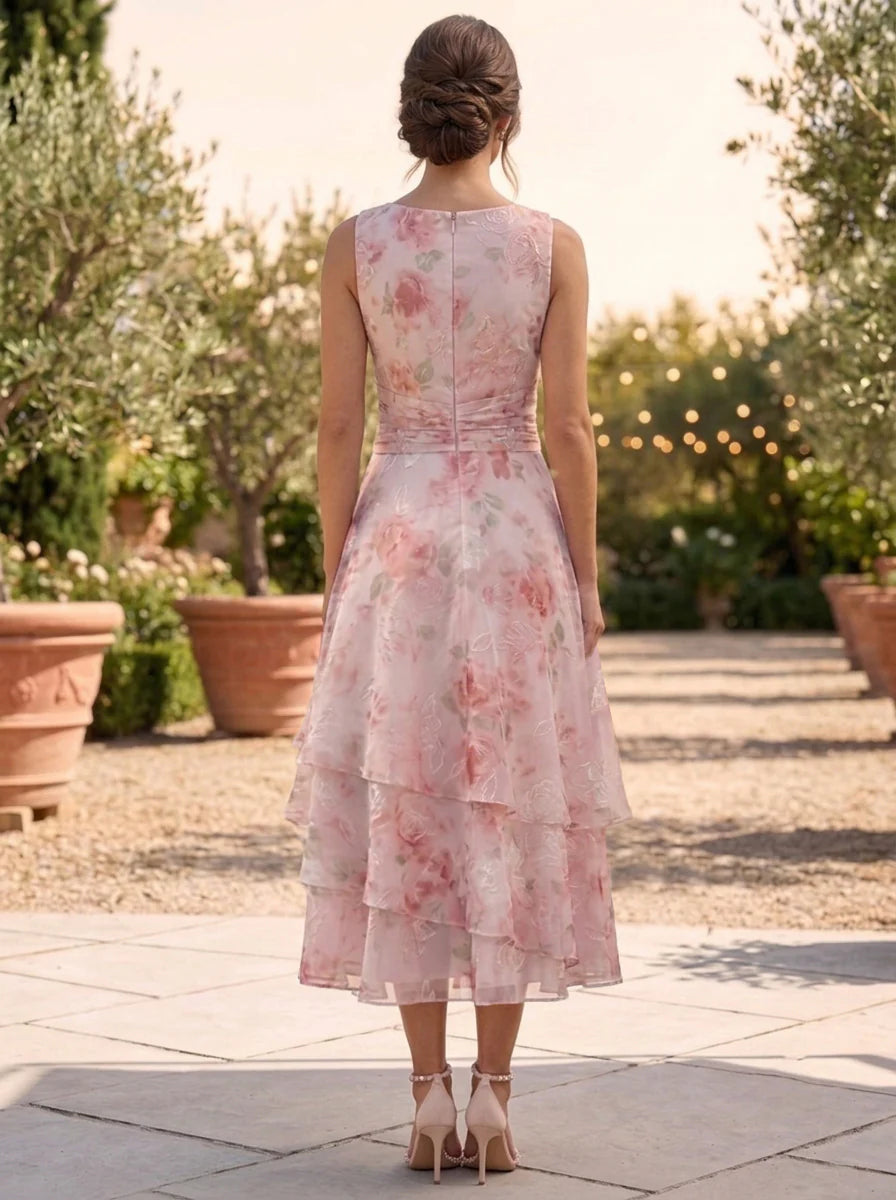 A-Line/Princess Chiffon Scoop Floral Mother of the Bride Dresses with Jacket Ruched Tea-Length 3/4 Sleeves Ruffles
