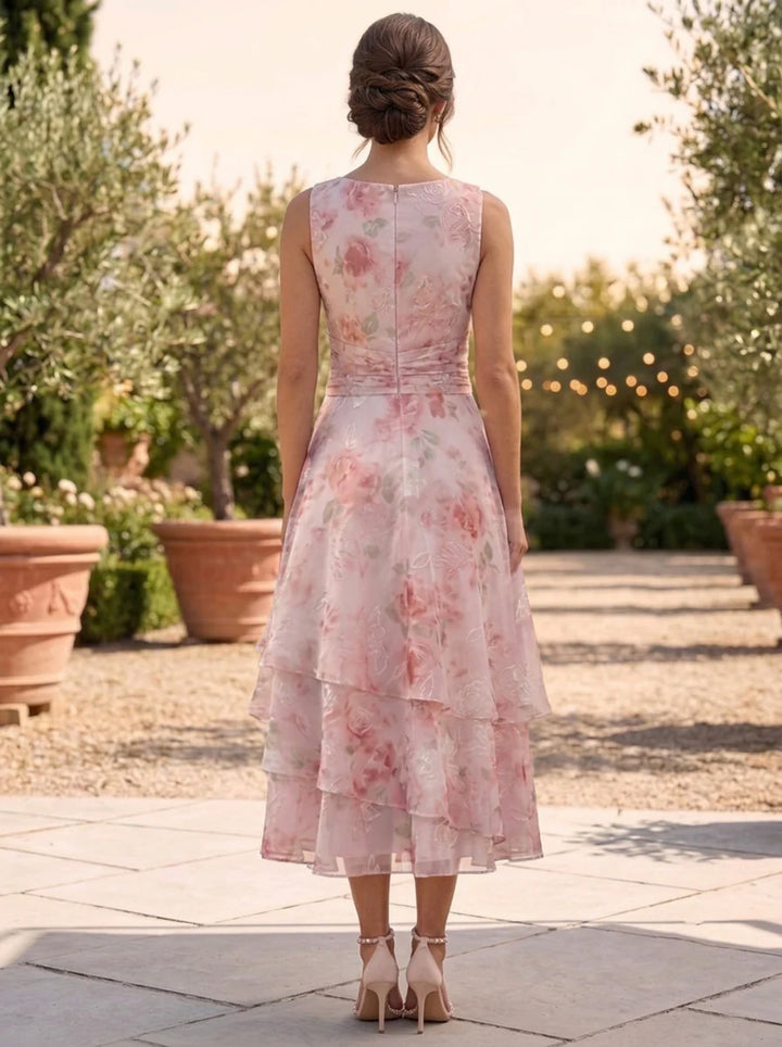 A-Line/Princess Chiffon Scoop Floral Mother of the Bride Dresses with Jacket Ruched Tea-Length 3/4 Sleeves Ruffles