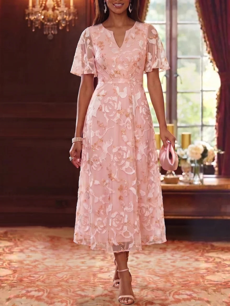A-Line/Princess V-Neck Chiffon Mother of the Bride Dresses Floral Tea-Length Short Sleeves