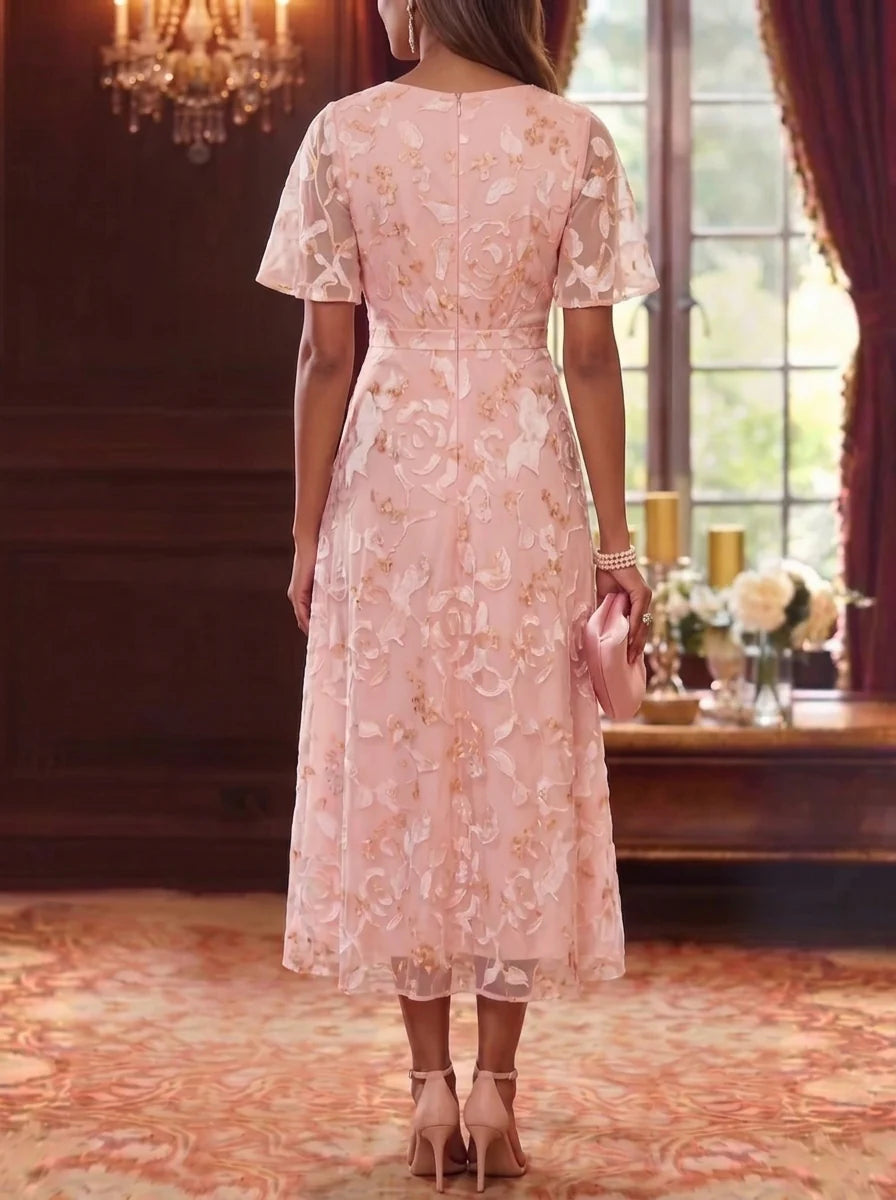 A-Line/Princess V-Neck Chiffon Mother of the Bride Dresses Floral Tea-Length Short Sleeves