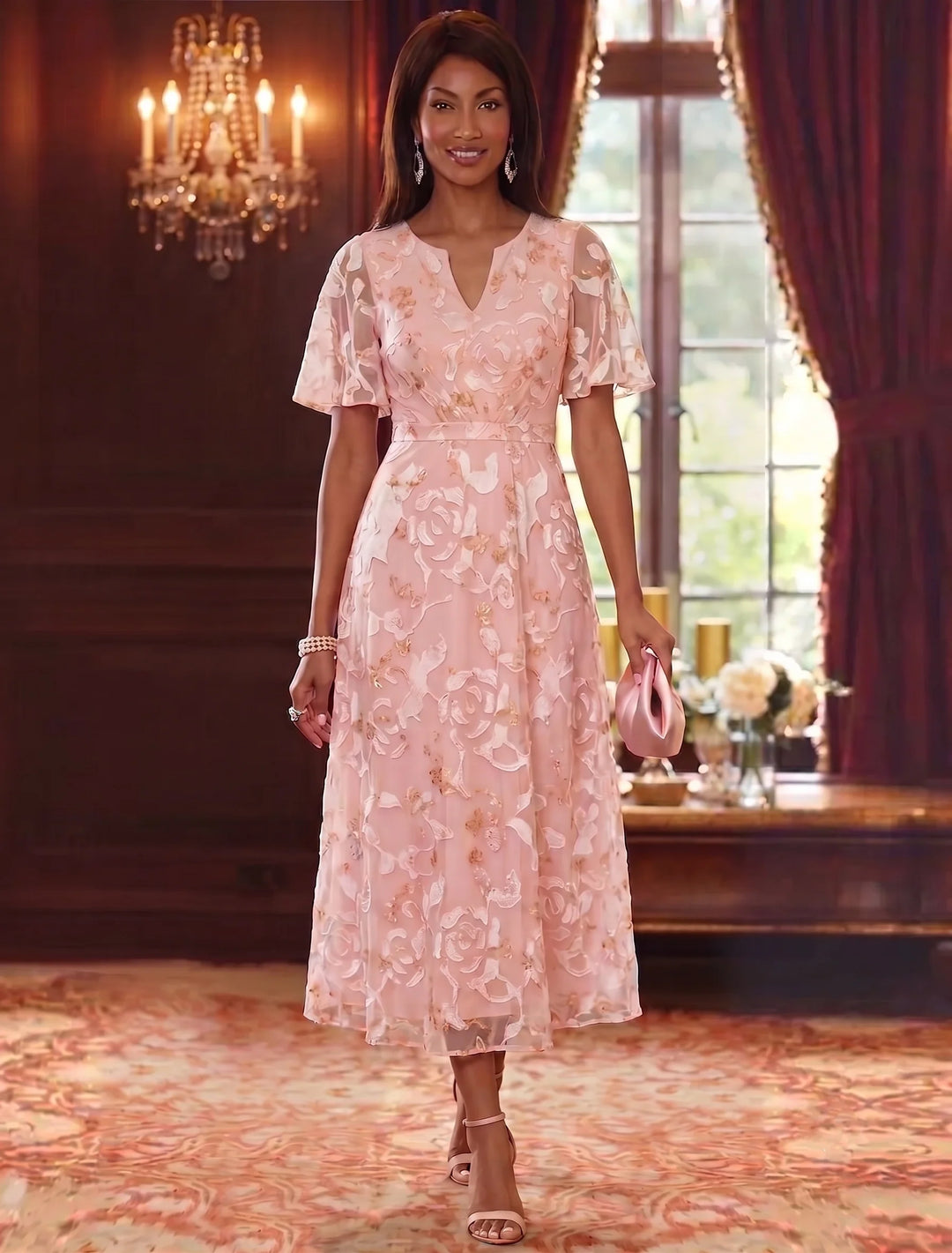 A-Line/Princess V-Neck Chiffon Mother of the Bride Dresses Floral Tea-Length Short Sleeves