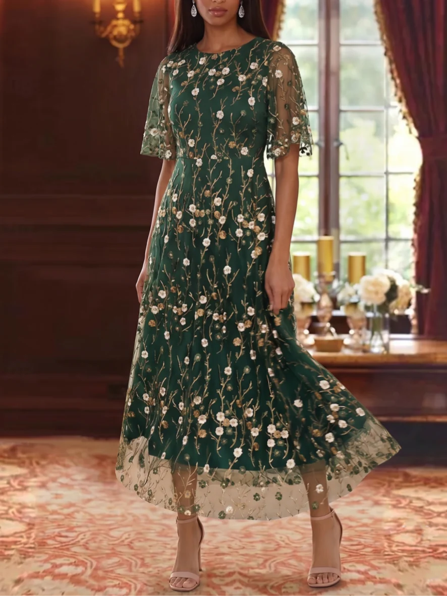 A-Line/Princess Scoop Lace Embroidery Mother of the Bride Dresses Floral Ankle-Length Short Sleeves