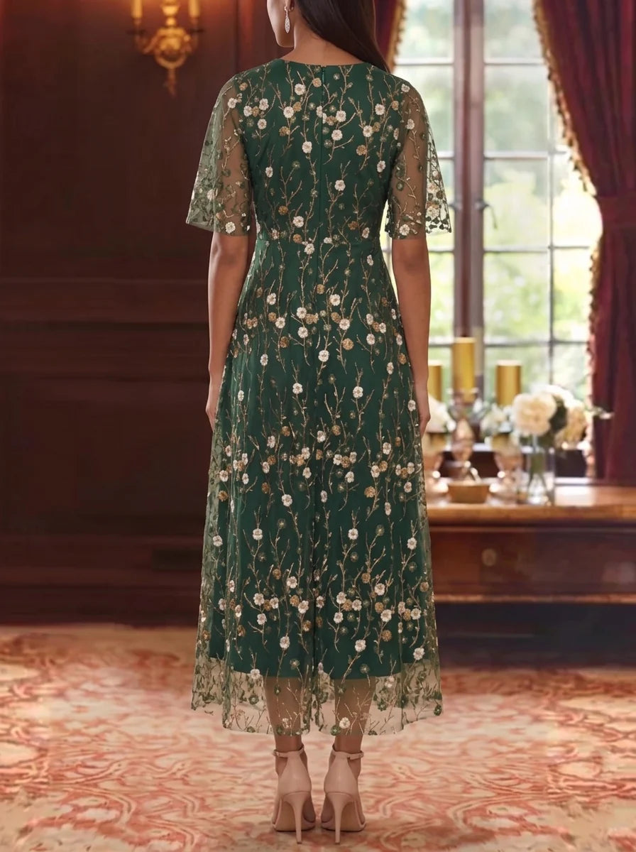 A-Line/Princess Scoop Lace Embroidery Mother of the Bride Dresses Floral Ankle-Length Short Sleeves