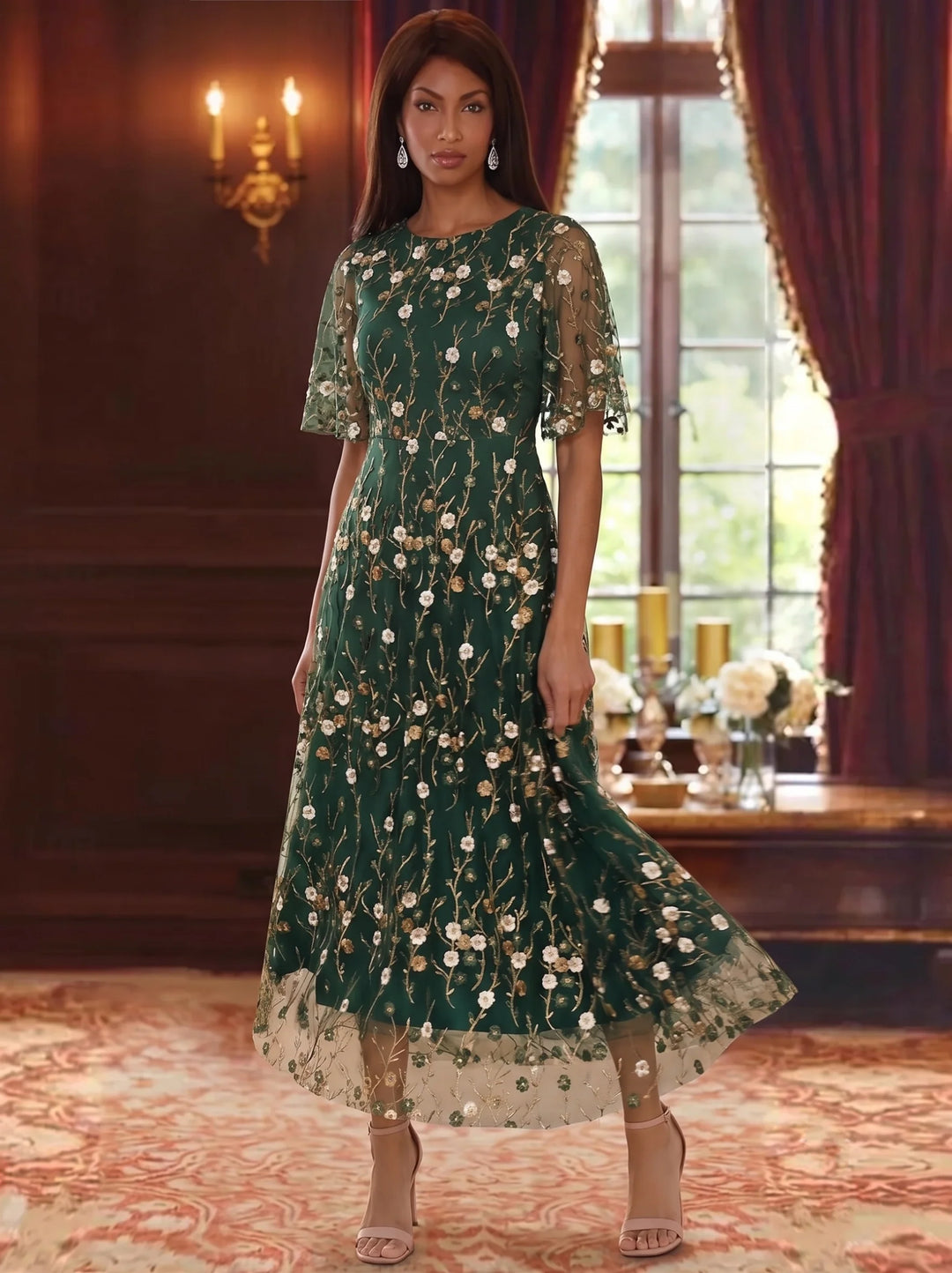 A-Line/Princess Scoop Lace Embroidery Mother of the Bride Dresses Floral Ankle-Length Short Sleeves