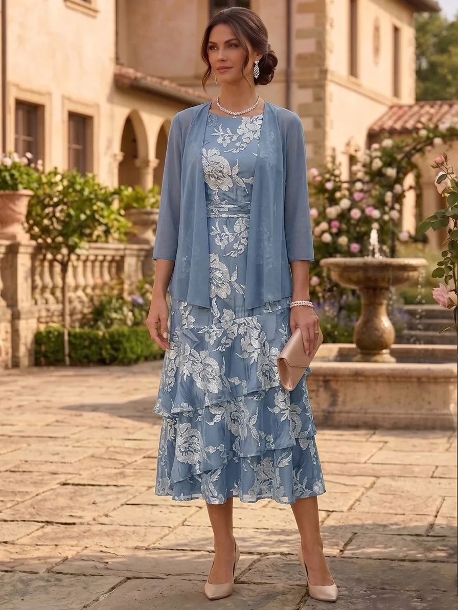 A-Line/Princess Chiffon Scoop Mother of the Bride Dresses with Jacket Floral Ruffles Tea-Length 3/4 Sleeves