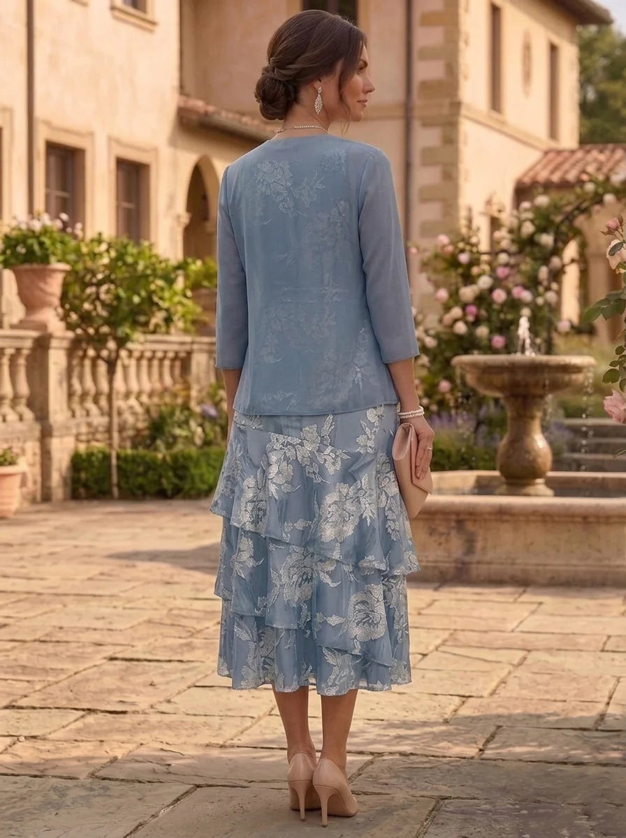 A-Line/Princess Chiffon Scoop Mother of the Bride Dresses with Jacket Floral Ruffles Tea-Length 3/4 Sleeves