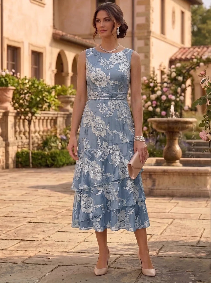 A-Line/Princess Chiffon Scoop Mother of the Bride Dresses with Jacket Floral Ruffles Tea-Length 3/4 Sleeves