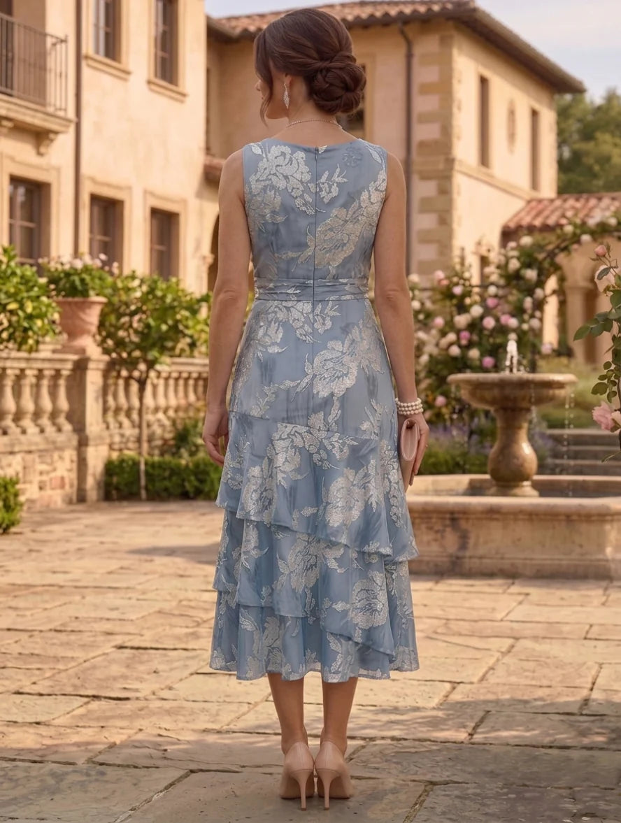 A-Line/Princess Chiffon Scoop Mother of the Bride Dresses with Jacket Floral Ruffles Tea-Length 3/4 Sleeves