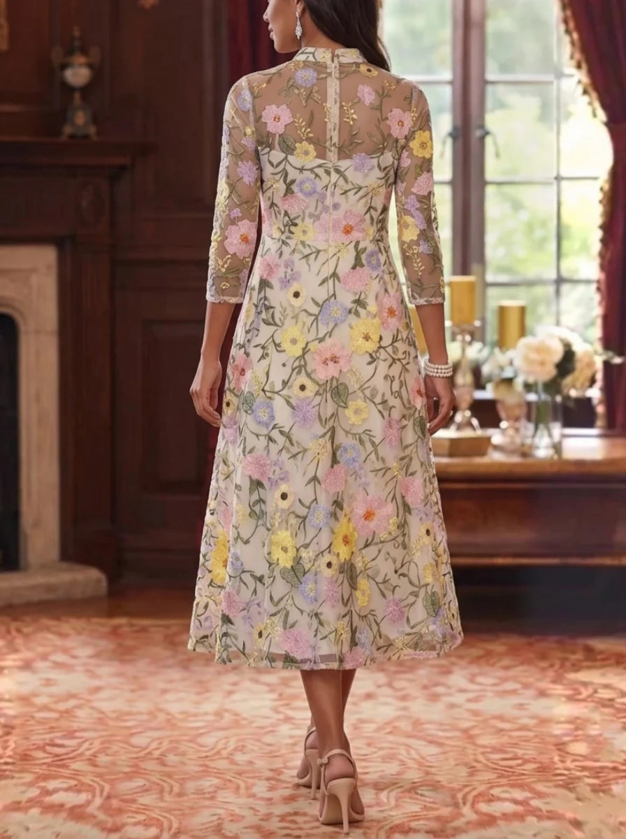 A-Line/Princess V-Neck Lace Embroidery Mother of the Bride Dresses Floral Tea-Length 3/4 Sleeves