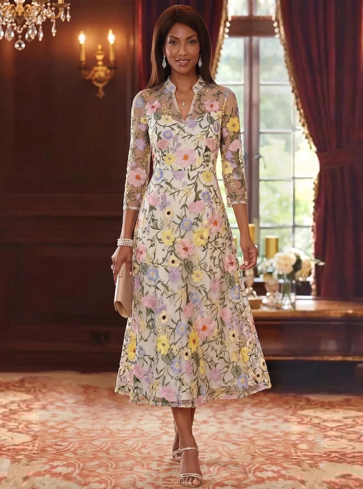 A-Line/Princess V-Neck Lace Embroidery Mother of the Bride Dresses Floral Tea-Length 3/4 Sleeves