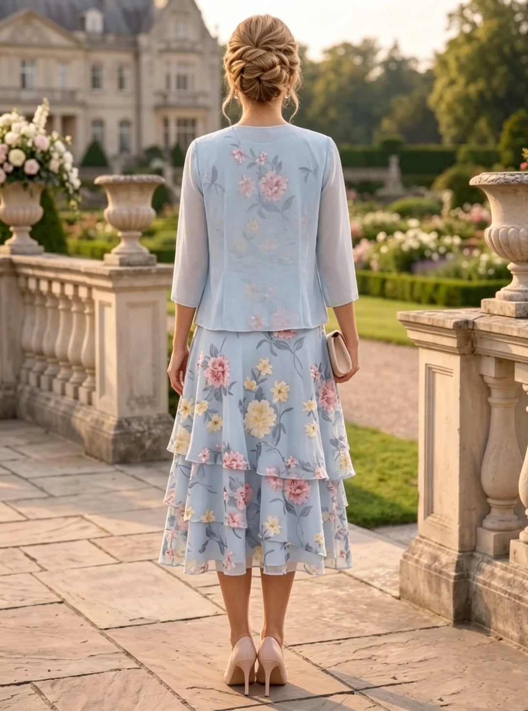A-Line/Princess Chiffon Mother of the Bride Dresses with Jacket Scoop Floral Ruffles Tea-Length 3/4 Sleeves