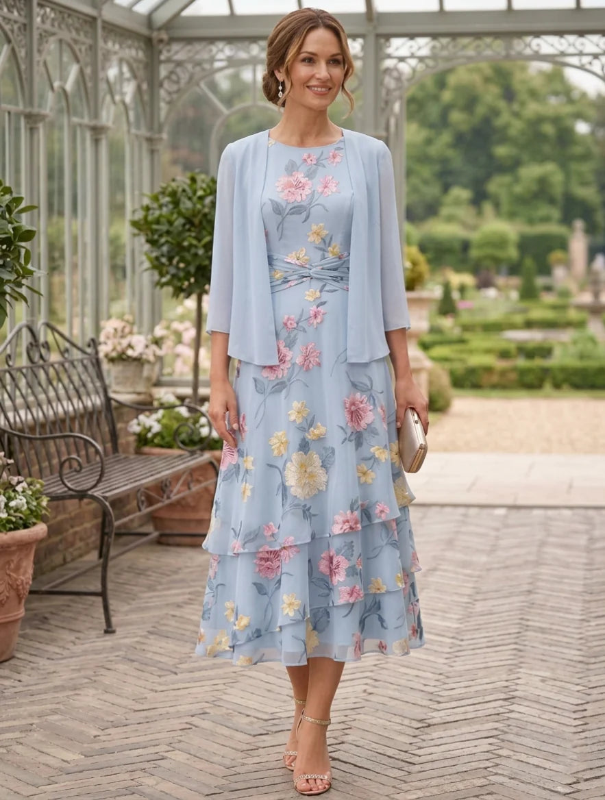 A-Line/Princess Chiffon Mother of the Bride Dresses with Jacket Scoop Floral Ruffles Tea-Length 3/4 Sleeves