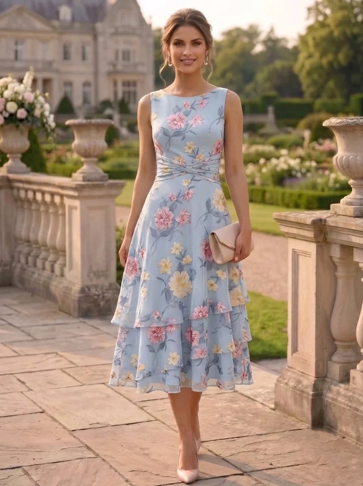 A-Line/Princess Chiffon Mother of the Bride Dresses with Jacket Scoop Floral Ruffles Tea-Length 3/4 Sleeves