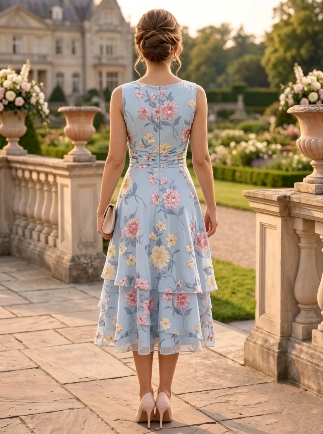 A-Line/Princess Chiffon Mother of the Bride Dresses with Jacket Scoop Floral Ruffles Tea-Length 3/4 Sleeves
