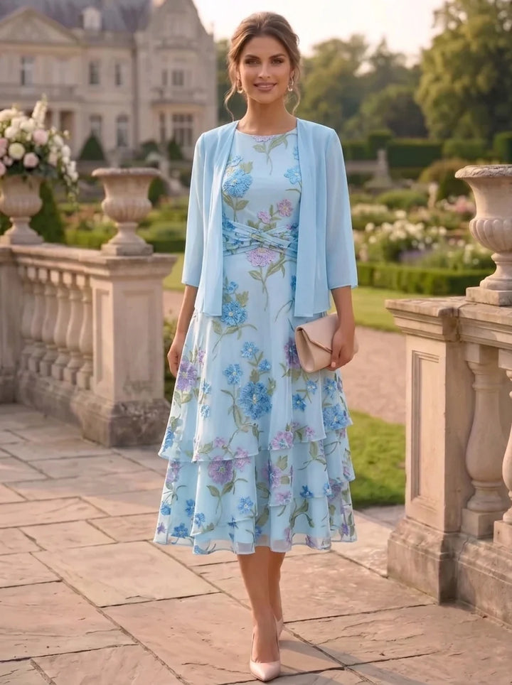 A-Line/Princess Chiffon Mother of the Bride Dresses with Jacket Scoop Floral Ruffles Tea-Length 3/4 Sleeves