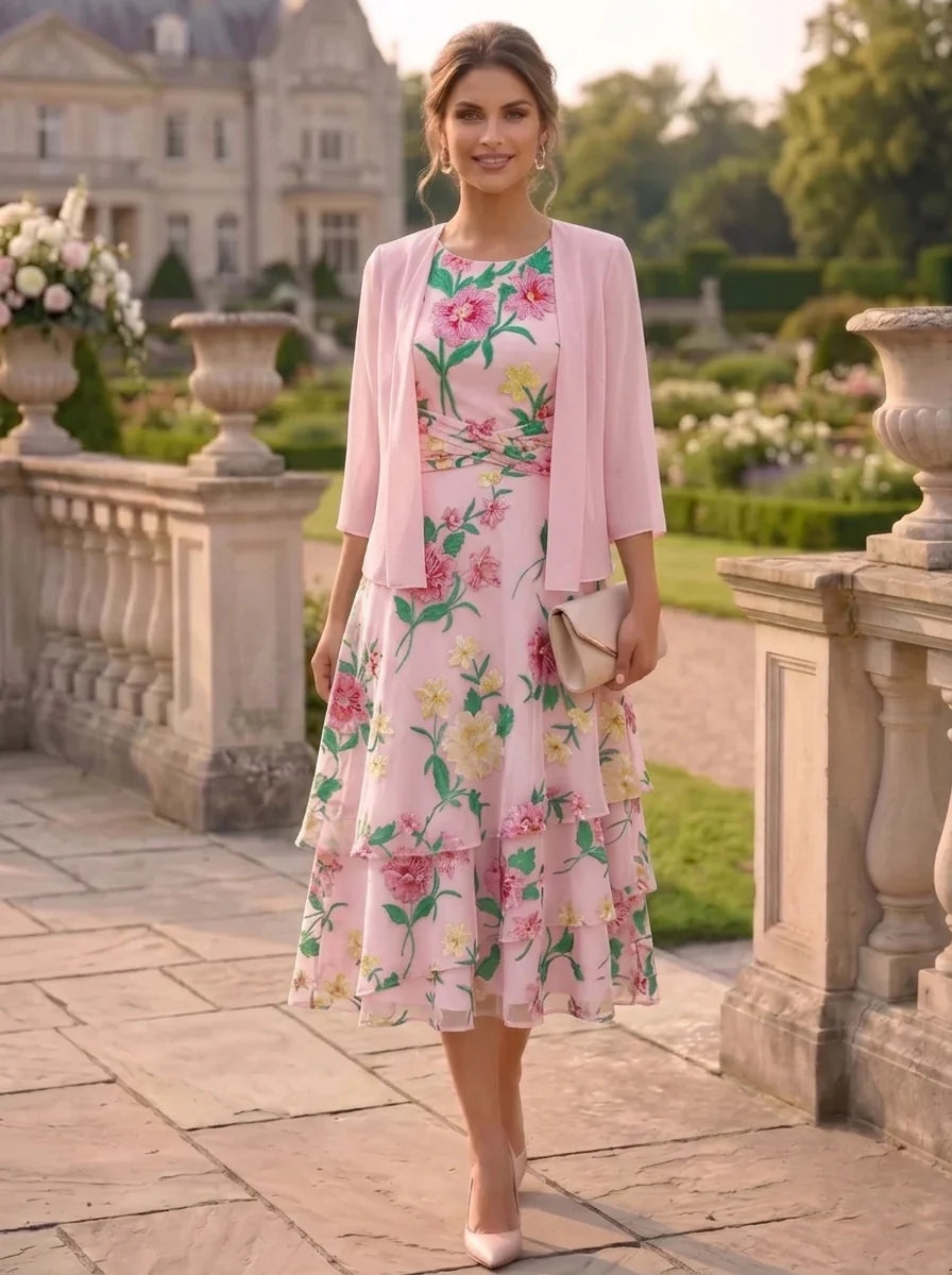 A-Line/Princess Chiffon Mother of the Bride Dresses with Jacket Scoop Floral Ruffles Tea-Length 3/4 Sleeves