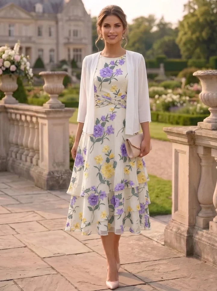 A-Line/Princess Chiffon Mother of the Bride Dresses with Jacket Scoop Floral Ruffles Tea-Length 3/4 Sleeves