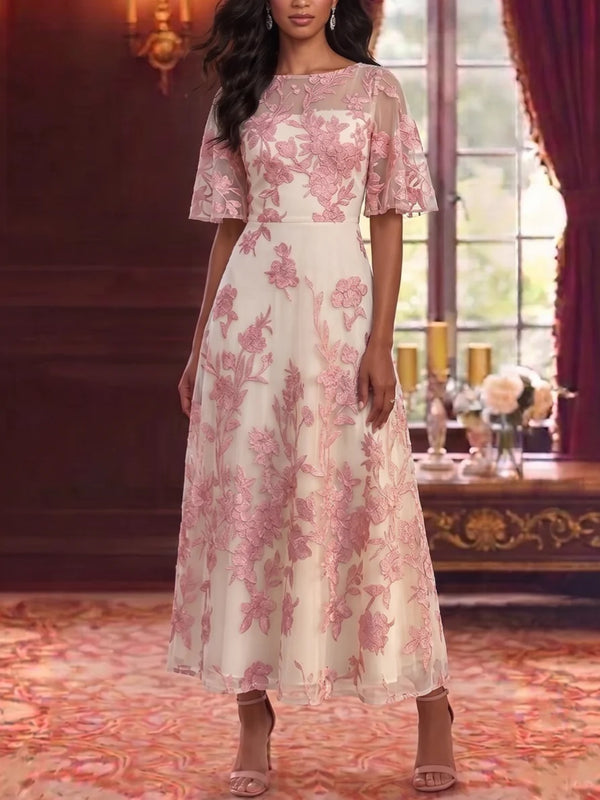 A-Line/Princess Scoop Mother of the Bride Dresses Floral Lace Embroidery Ankle-Length Short Sleeves