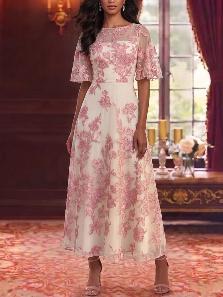 A-Line/Princess Scoop Mother of the Bride Dresses Floral Lace Embroidery Ankle-Length Short Sleeves
