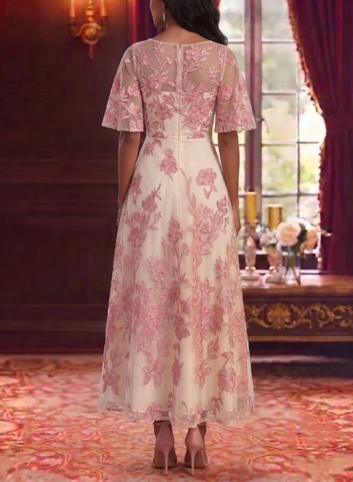 A-Line/Princess Scoop Mother of the Bride Dresses Floral Lace Embroidery Ankle-Length Short Sleeves