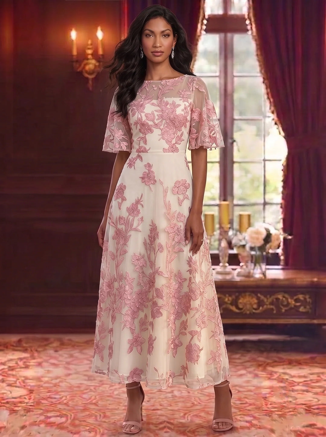 A-Line/Princess Scoop Mother of the Bride Dresses Floral Lace Embroidery Ankle-Length Short Sleeves