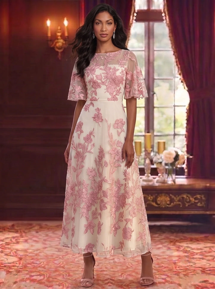 A-Line/Princess Scoop Mother of the Bride Dresses Floral Lace Embroidery Ankle-Length Short Sleeves