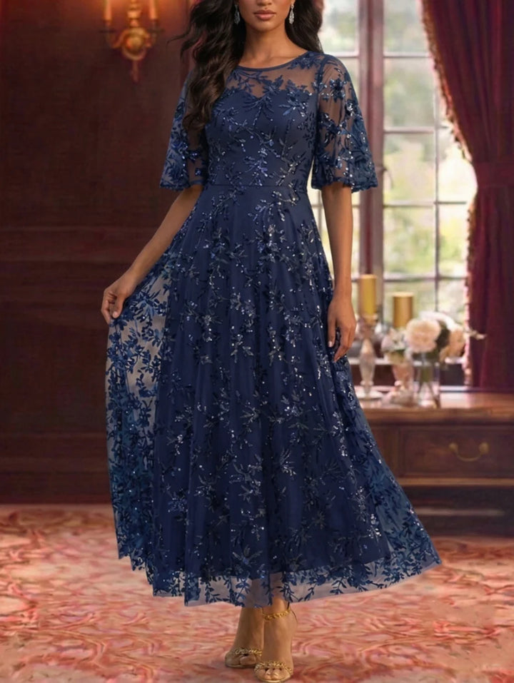 A-Line/Princess Scoop Mother of the Bride Dresses Floral Lace Sequins Ankle-Length Short Sleeves