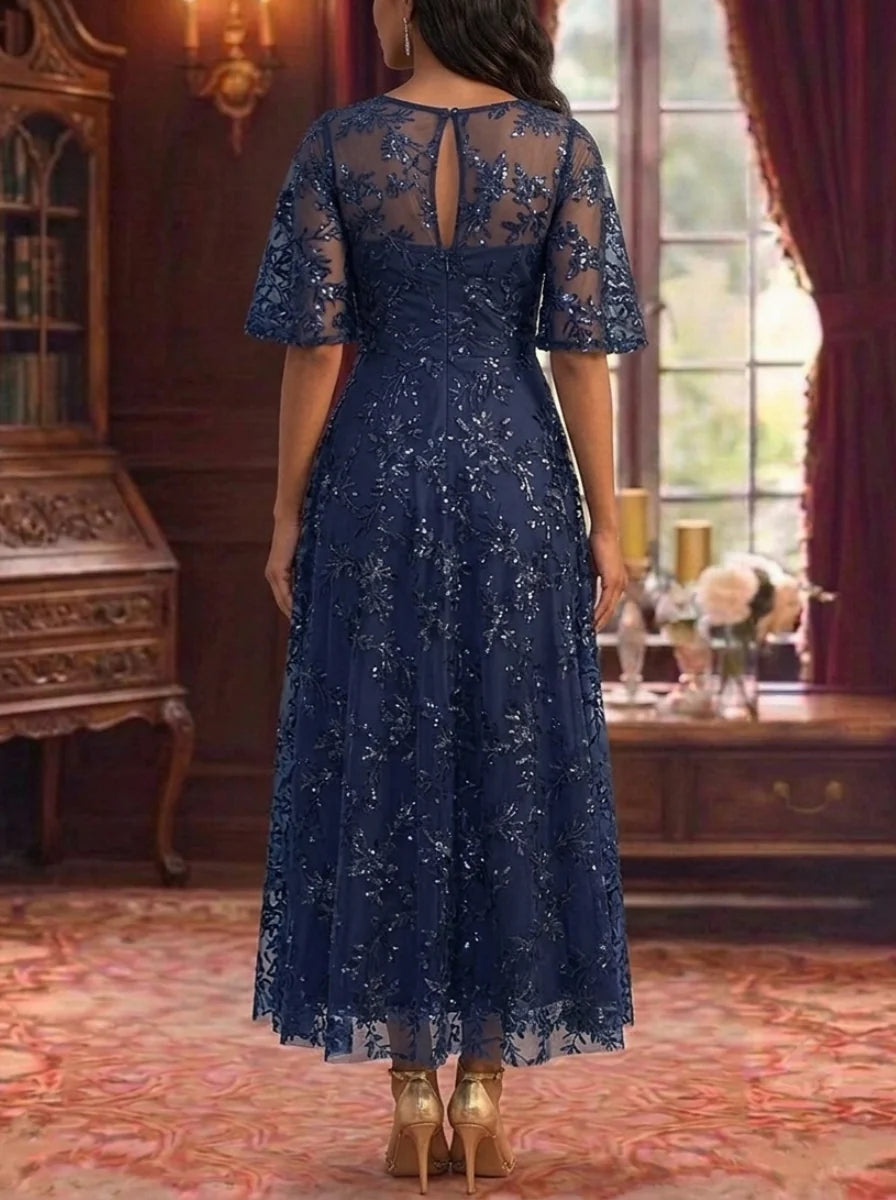 A-Line/Princess Scoop Mother of the Bride Dresses Floral Lace Sequins Ankle-Length Short Sleeves