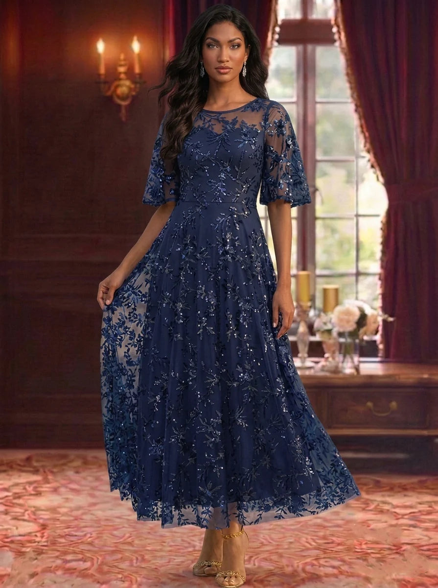 A-Line/Princess Scoop Mother of the Bride Dresses Floral Lace Sequins Ankle-Length Short Sleeves