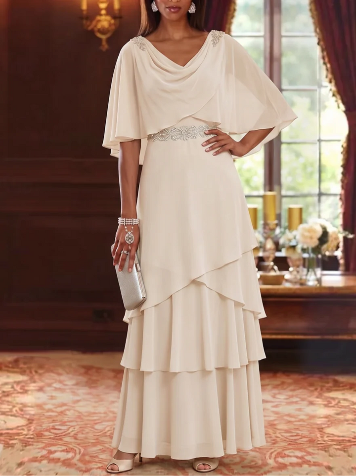 A-Line/Princess Cowl Neck Chiffon Mother of the Bride Dresses Floor-Length Ruffles Cape Sleeves Sash