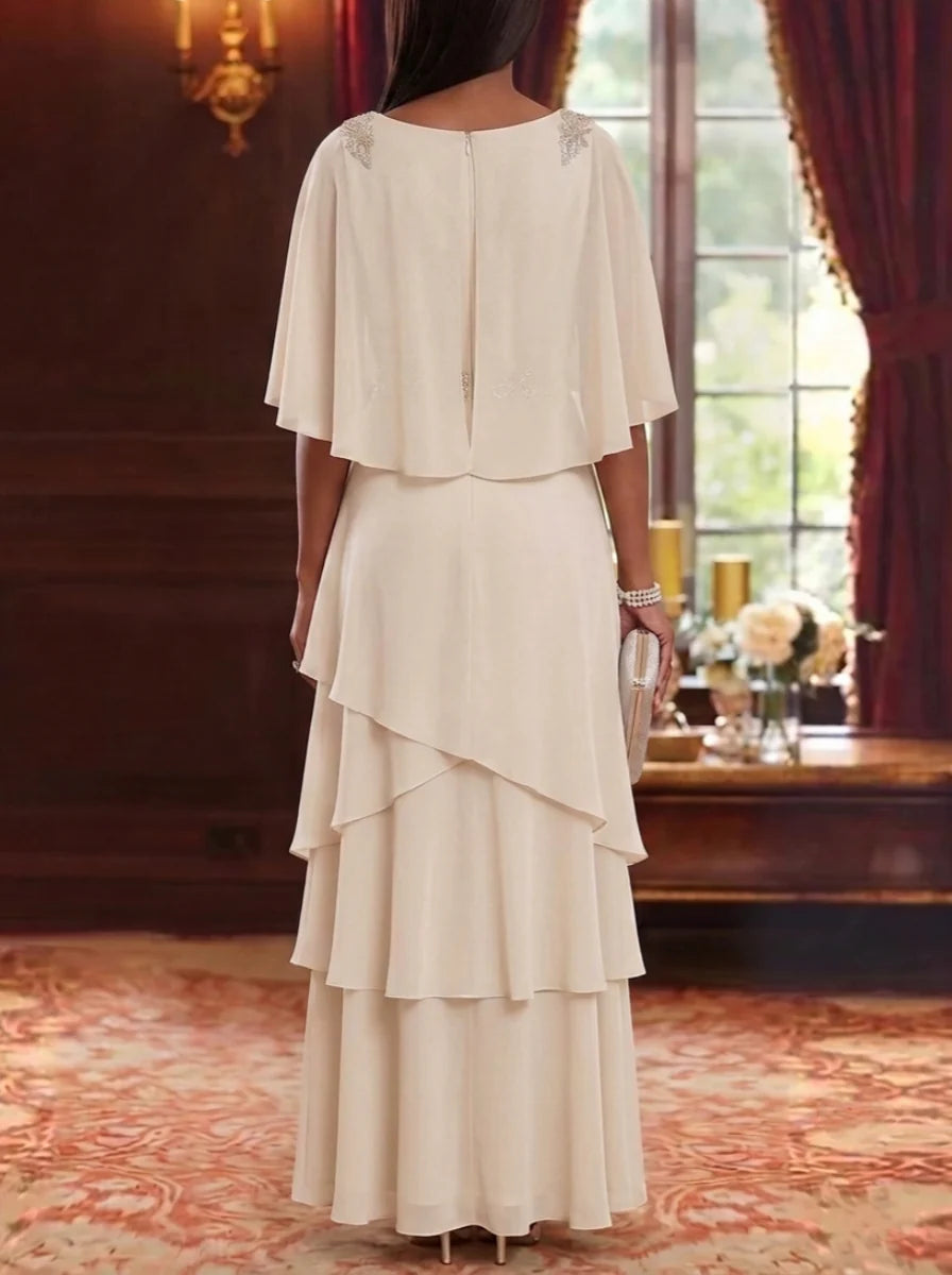 A-Line/Princess Cowl Neck Chiffon Mother of the Bride Dresses Floor-Length Ruffles Cape Sleeves Sash