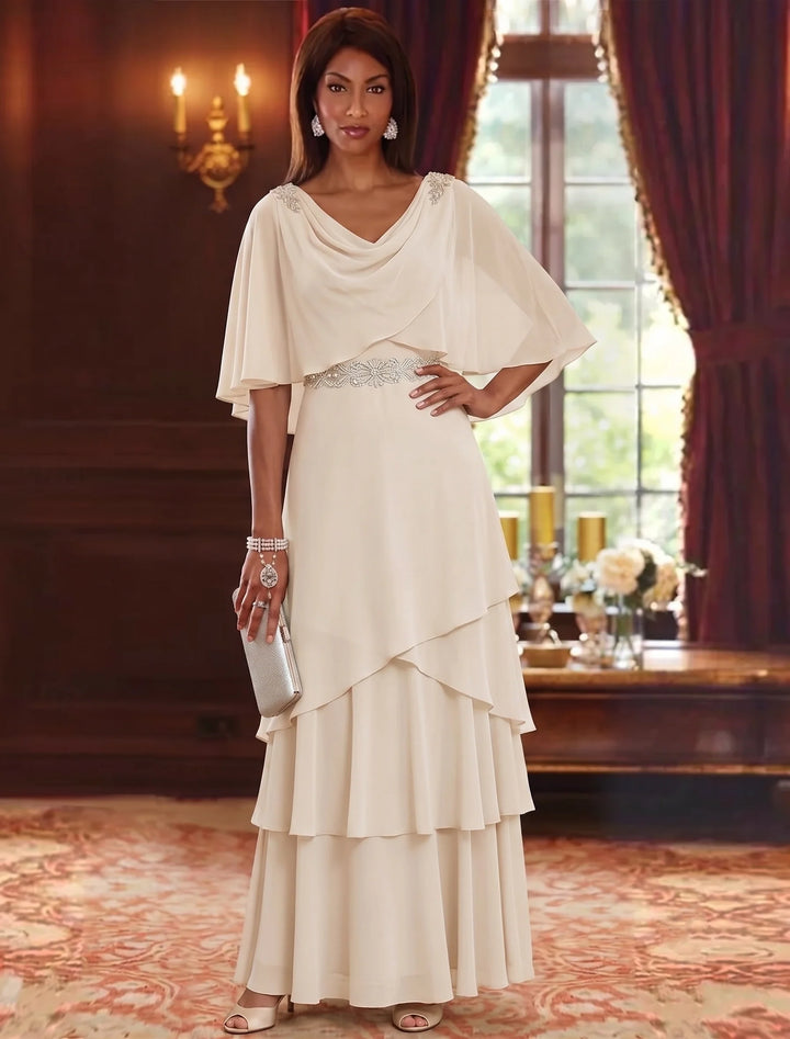 A-Line/Princess Cowl Neck Chiffon Mother of the Bride Dresses Floor-Length Ruffles Cape Sleeves Sash