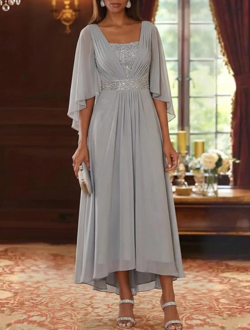 A-Line/Princess Square Collar Chiffon Mother of the Bride Dresses Sequins High-Low Tea-Length 3/4 Sleeves Sash