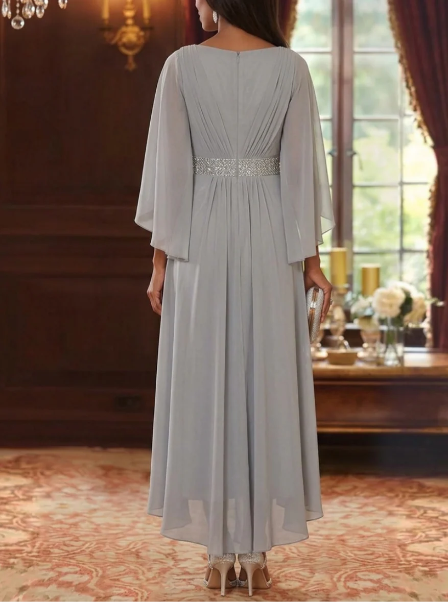 A-Line/Princess Square Collar Chiffon Mother of the Bride Dresses Sequins High-Low Tea-Length 3/4 Sleeves Sash