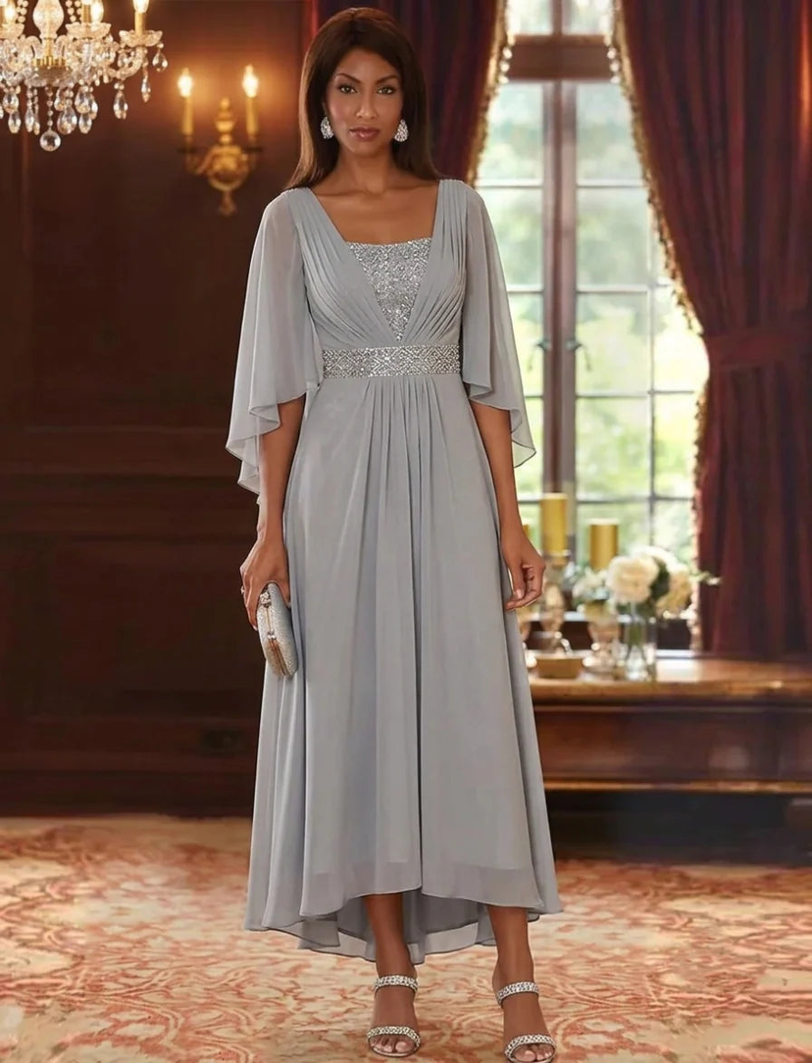 A-Line/Princess Square Collar Chiffon Mother of the Bride Dresses Sequins High-Low Tea-Length 3/4 Sleeves Sash