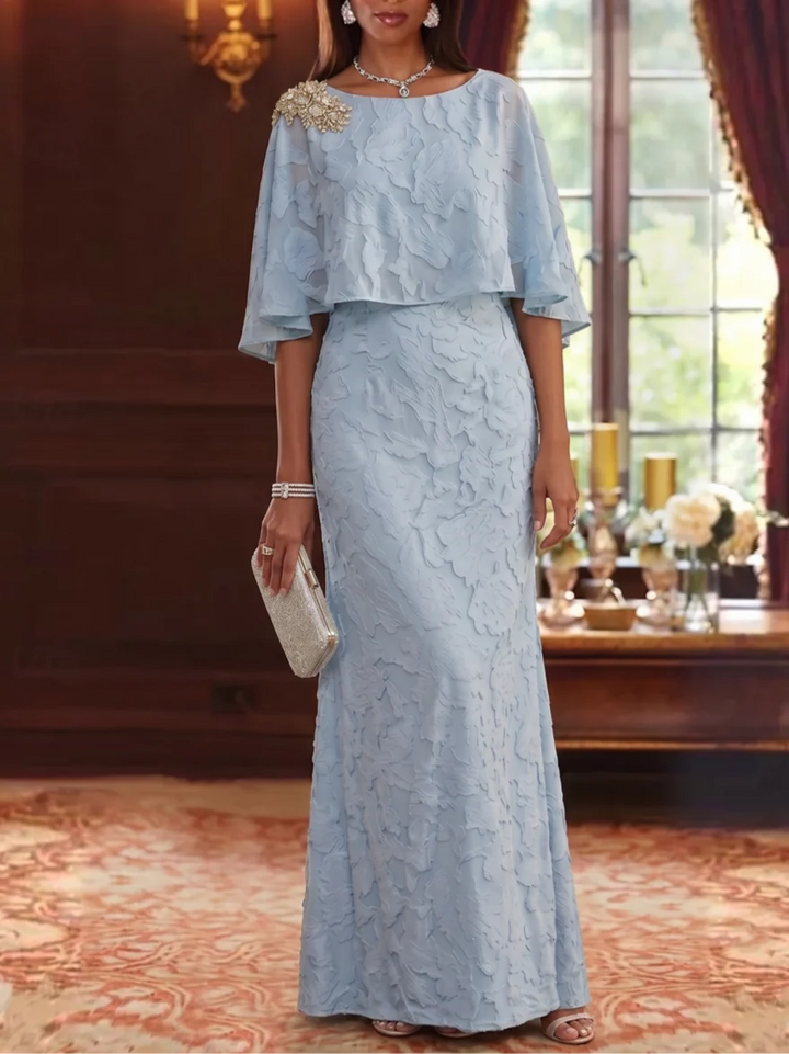 Sheath/Column Scoop Chiffon Floral Mother of the Bride Dresses Floor-Length Cape Sleeves Rhinestone