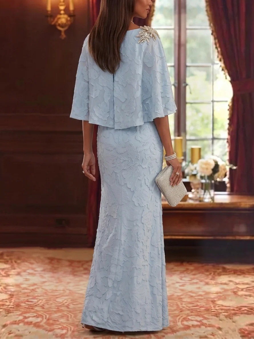 Sheath/Column Scoop Chiffon Floral Mother of the Bride Dresses Floor-Length Cape Sleeves Rhinestone