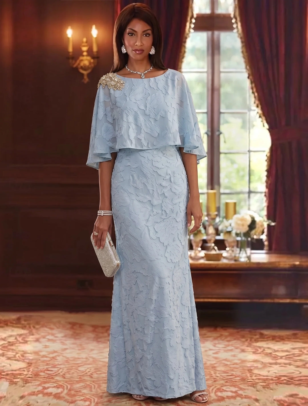 Sheath/Column Scoop Chiffon Floral Mother of the Bride Dresses Floor-Length Cape Sleeves Rhinestone