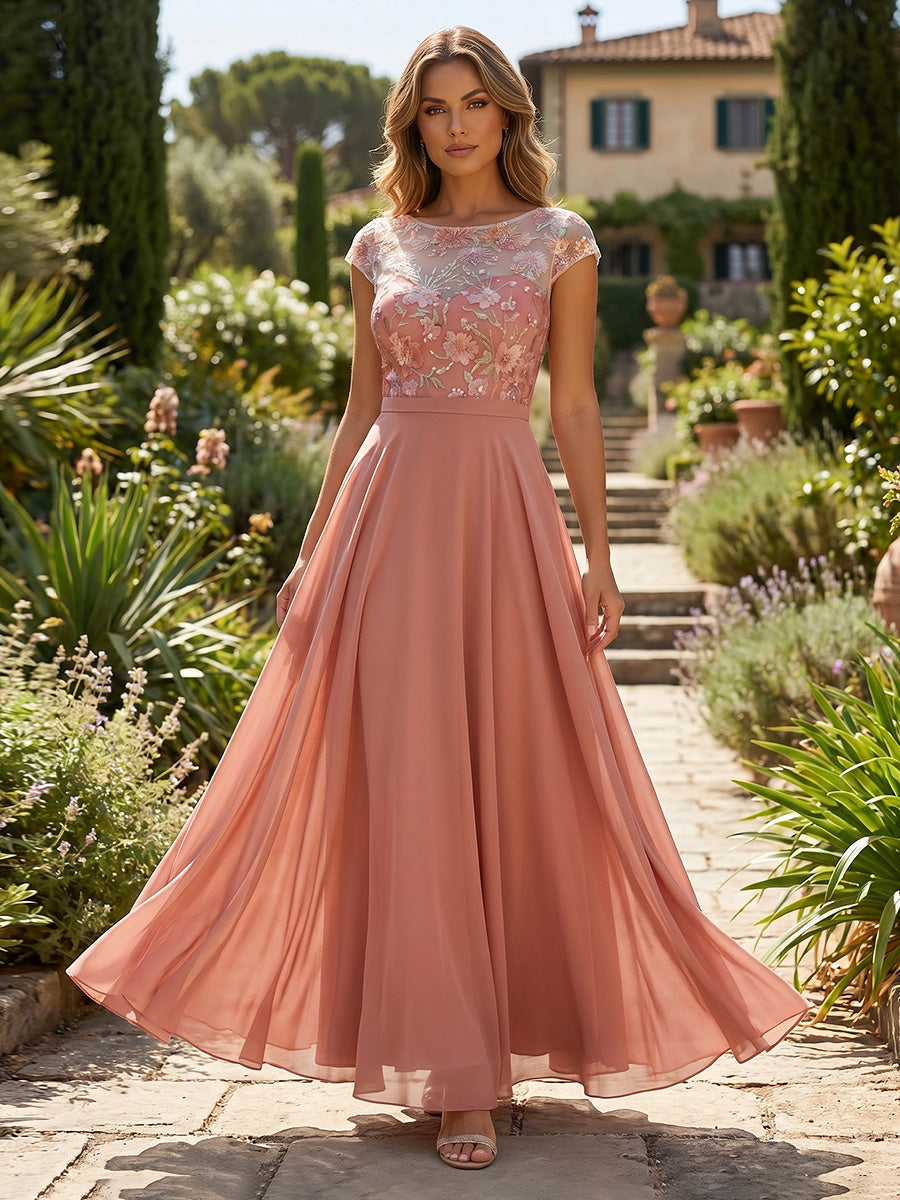 A-Line/Princess Scoop Chiffon Mother of the Bride Dresses Floral Sequins Ankle-Length Cap Sleeves