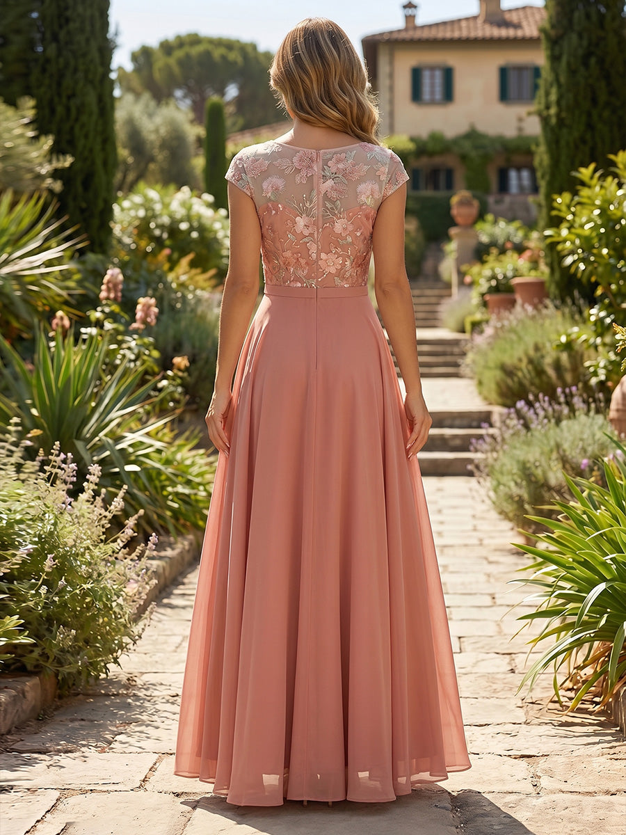 A-Line/Princess Scoop Chiffon Mother of the Bride Dresses Floral Sequins Ankle-Length Cap Sleeves