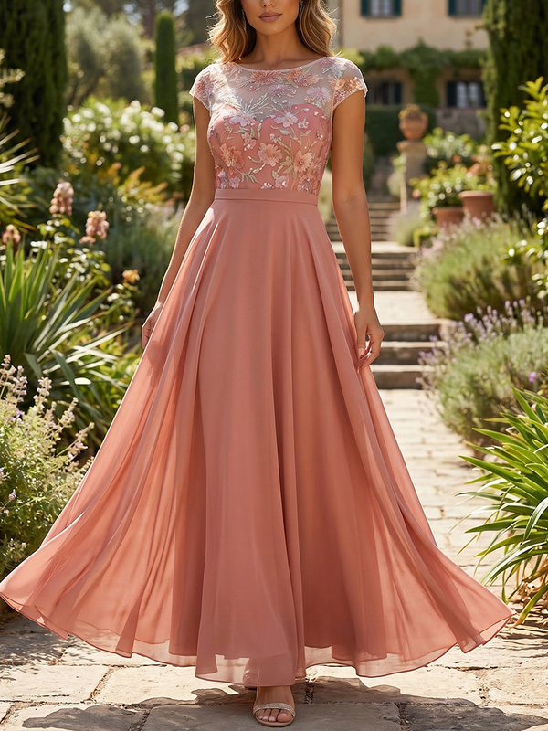 A-Line/Princess Scoop Chiffon Mother of the Bride Dresses Floral Sequins Ankle-Length Cap Sleeves