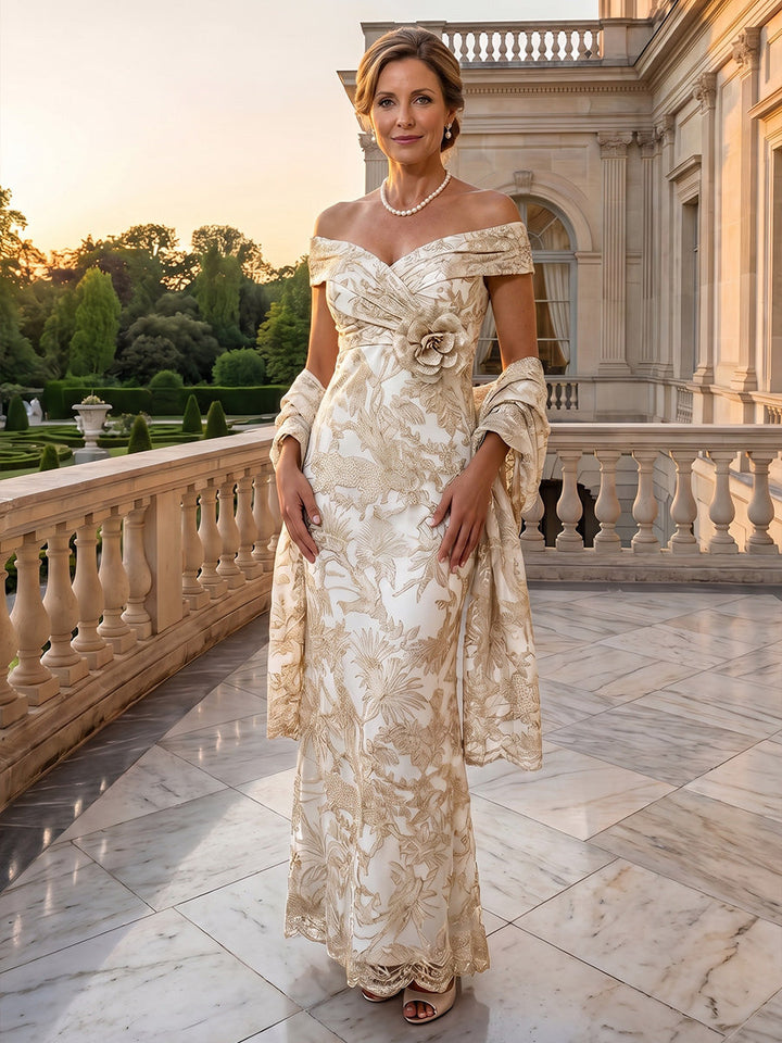 Sheath/Column Off-the-Shoulder Jacquard Mother of the Bride Dresses with Wrap Floral Sleeveless 3D Flower Ankle-Length