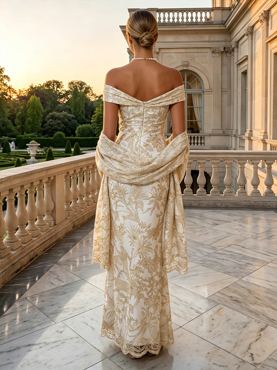 Sheath/Column Off-the-Shoulder Jacquard Mother of the Bride Dresses with Wrap Floral Sleeveless 3D Flower Ankle-Length