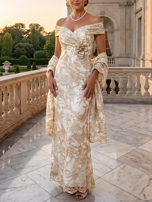 Sheath/Column Off-the-Shoulder Jacquard Mother of the Bride Dresses with Wrap Floral Sleeveless 3D Flower Ankle-Length