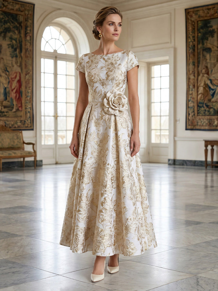 A-Line/Princess Scoop Jacquard Mother of the Bride Dresses with 3D Flower Floral Short Sleeves Ankle-Length